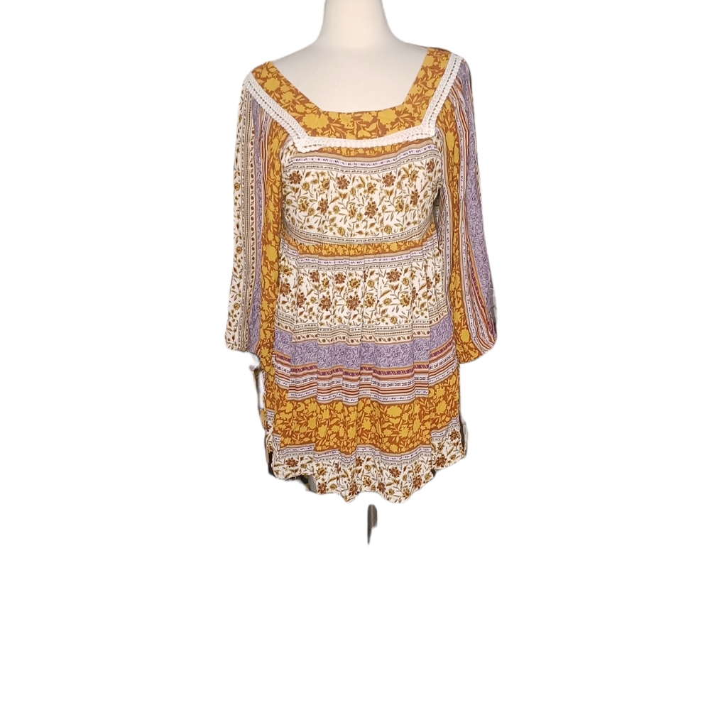 Dance & Marvel Mini Dress xs Long Sleeve Square Neck Boho Art To Wear Floral